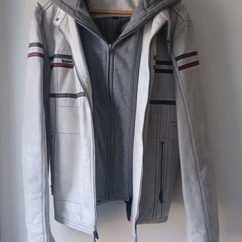 Wilsons Leather White Mens Size L Cafe Racer w/ Removable Hood Vintage 2000s